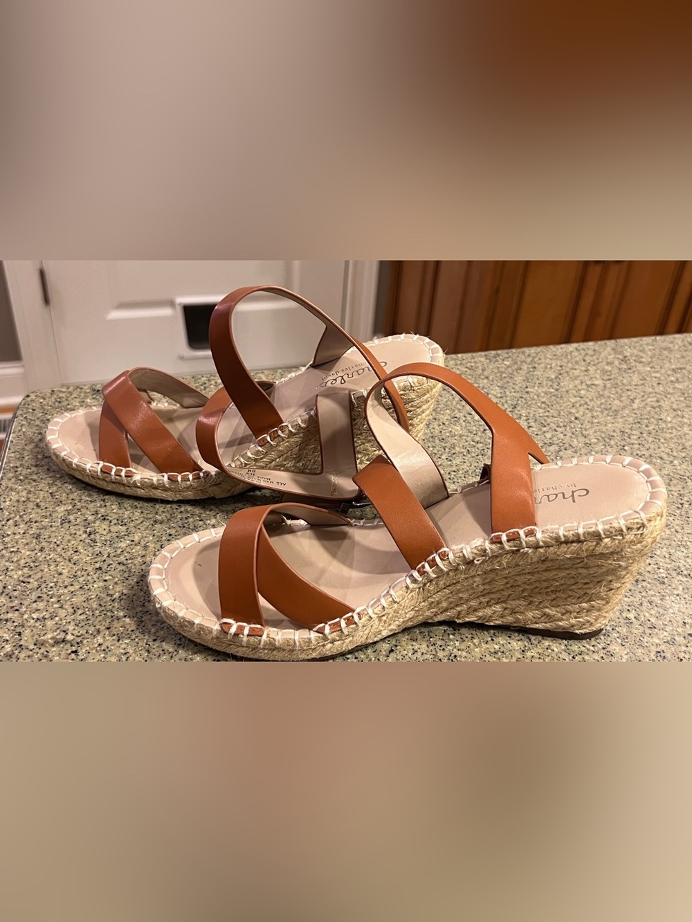 Charles David Cognac Leather Espadrille Wedge Sandals